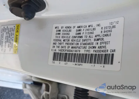 2013 Honda Accord Ex-L V-6 from USA, damaged, VIN 1HGCR3F89DA018676